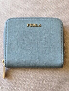 Furla Saffiano Celestial Blue Zip-Around Leather Card Holder with Gold Logo